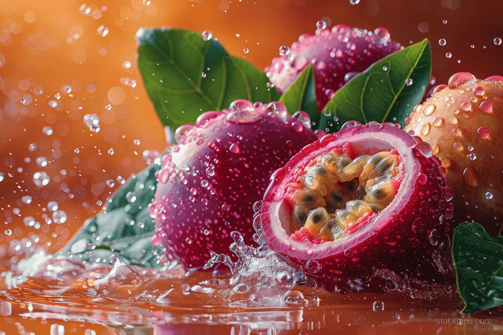 Halved passion fruit with seeds and green leaves sits in water splashes on an orange background.