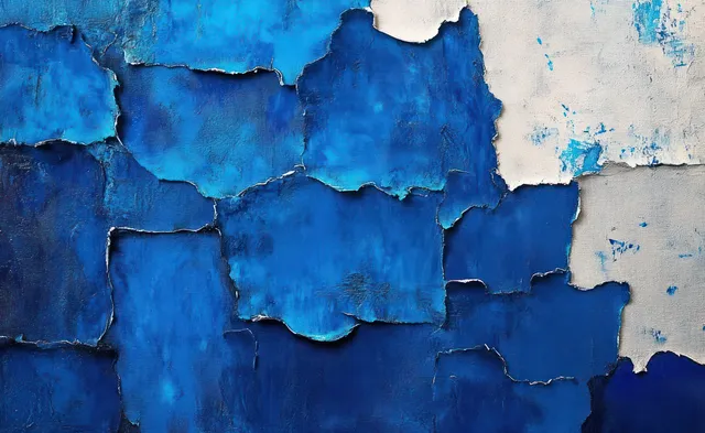 Close-up of a wall with peeling blue and white paint layers, cracked edges, and paint chips.