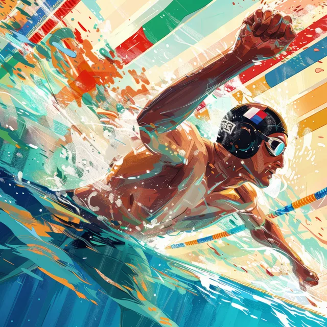 Male swimmer bursts through pool water in breaststroke, Hungary flag splash behind