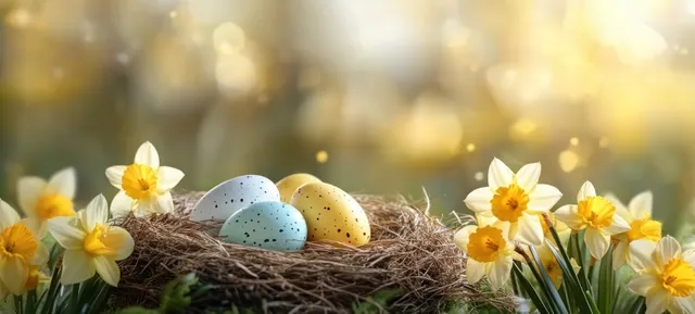Easter eggs in a grass nest surrounded by yellow daffodils under golden-hour bokeh light.