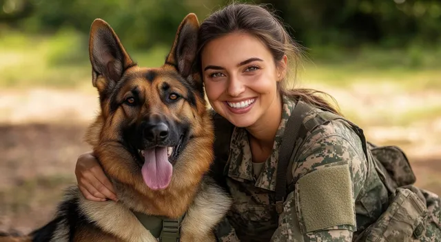 Smiling woman in camouflage uniform hugs a happy German Shepherd outdoors on a green path.