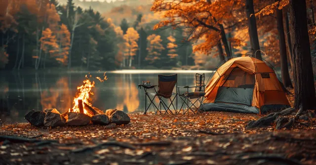 An orange tent and folding chairs sit beside a glowing campfire along a quiet autumn lake shore.
