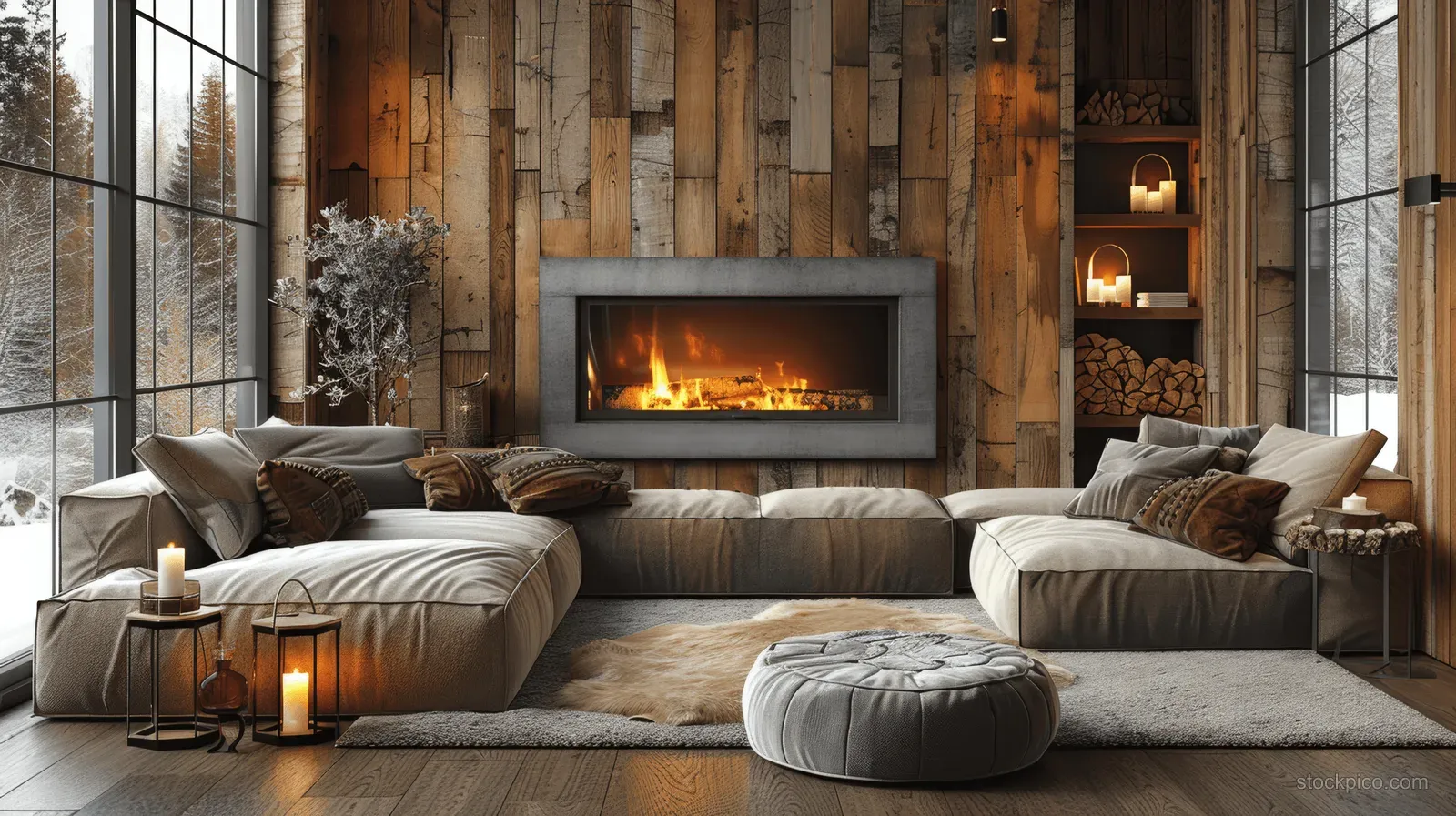 Chalet living room with burning fireplace, wooden walls, sofas with pillows, and candle lanterns by the windows.