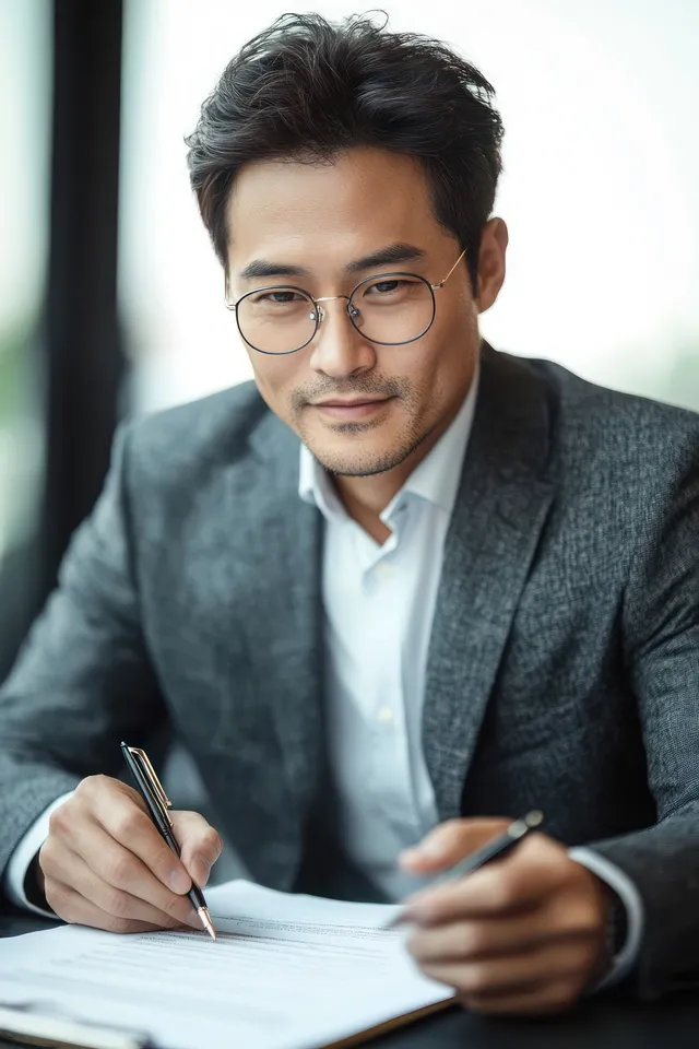 Confident Business Professional Signing Documents at a Bright Office Desk