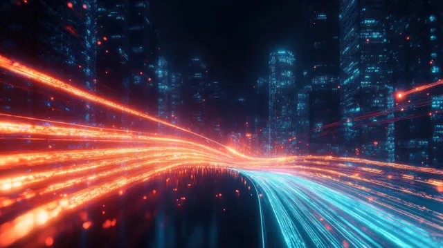 Neon light trails streak along a curved highway through a futuristic city at night.