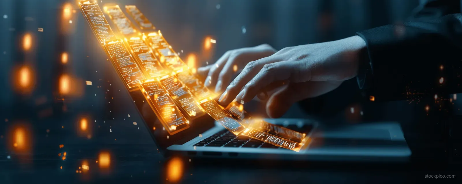 Hands tapping a tablet showing glowing document icons beside a laptop on a networked desk.