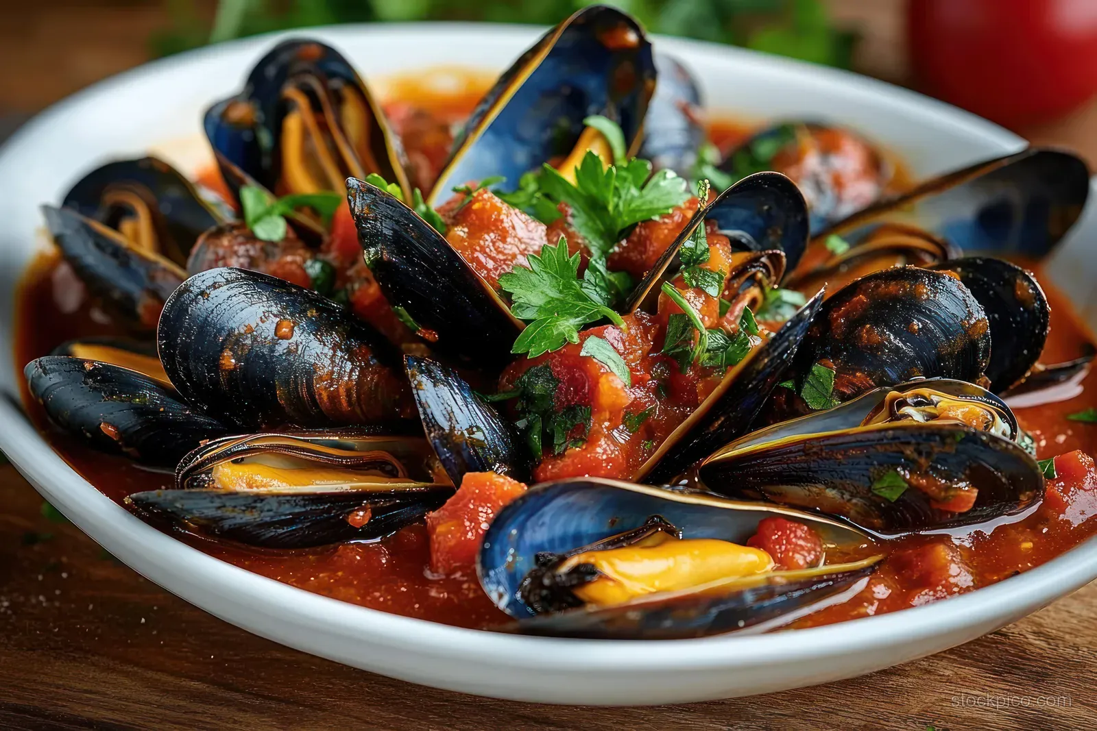 Cooked mussels in red tomato sauce with parsley garnish in a white bowl on a wooden table.