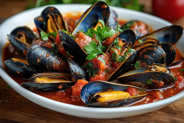 Cooked mussels in red tomato sauce with parsley garnish in a white bowl on a wooden table.