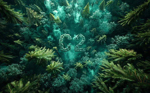 Glowing CO2 symbol over a dense green forest canopy in a 3D climate change visualization.