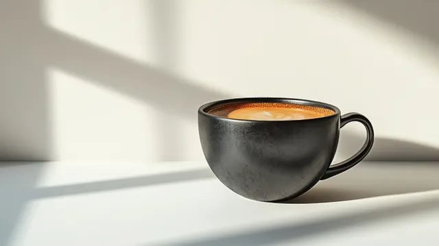 Black Coffee Cup with Soft Window Shadow on White Surface