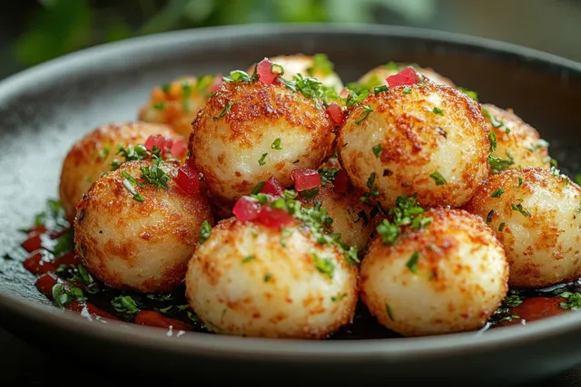 Crispy Maltese arancini balls with melted mozzarella, served on a dark plate