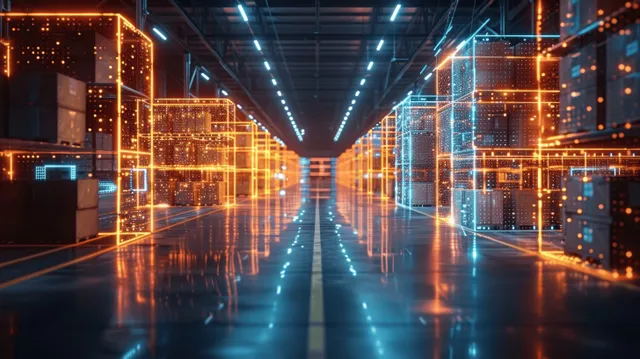 Futuristic warehouse aisle with glowing augmented reality logistics overlays