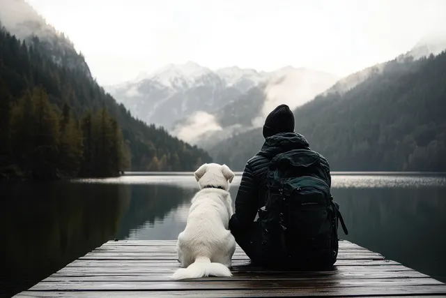 A person in a black beanie and jacket sits on a wooden dock beside a white dog, watching a calm misty mountain lake.