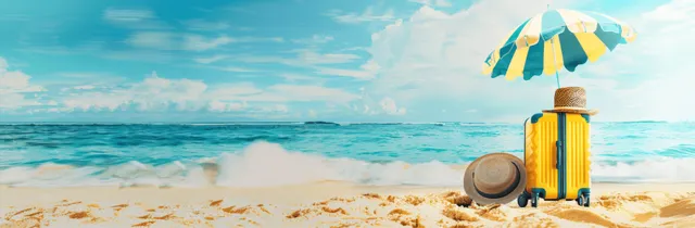 Yellow suitcase and sunglasses under striped umbrella on sandy beach beside turquoise ocean waves