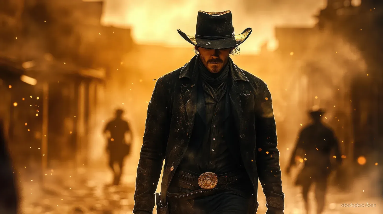A masked cowboy in a hat stands on a dusty western town street with backlit dust clouds behind him.