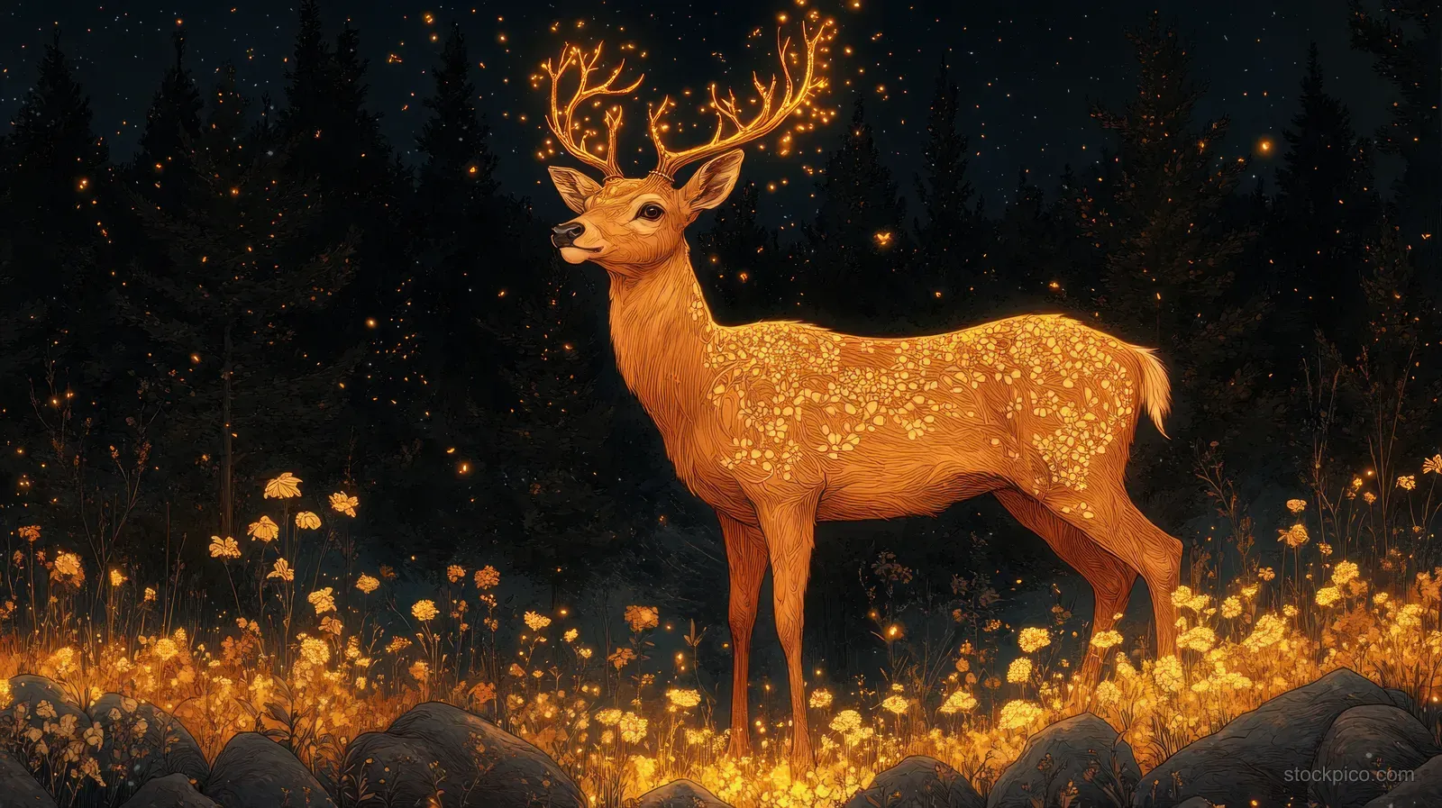 A golden stag stands in a dark forest with glowing sparks and ornate Art Nouveau style flourishes.
