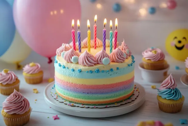 Layered birthday cake with lit candles and pink swirled frosting surrounded by assorted cupcakes and balloons.