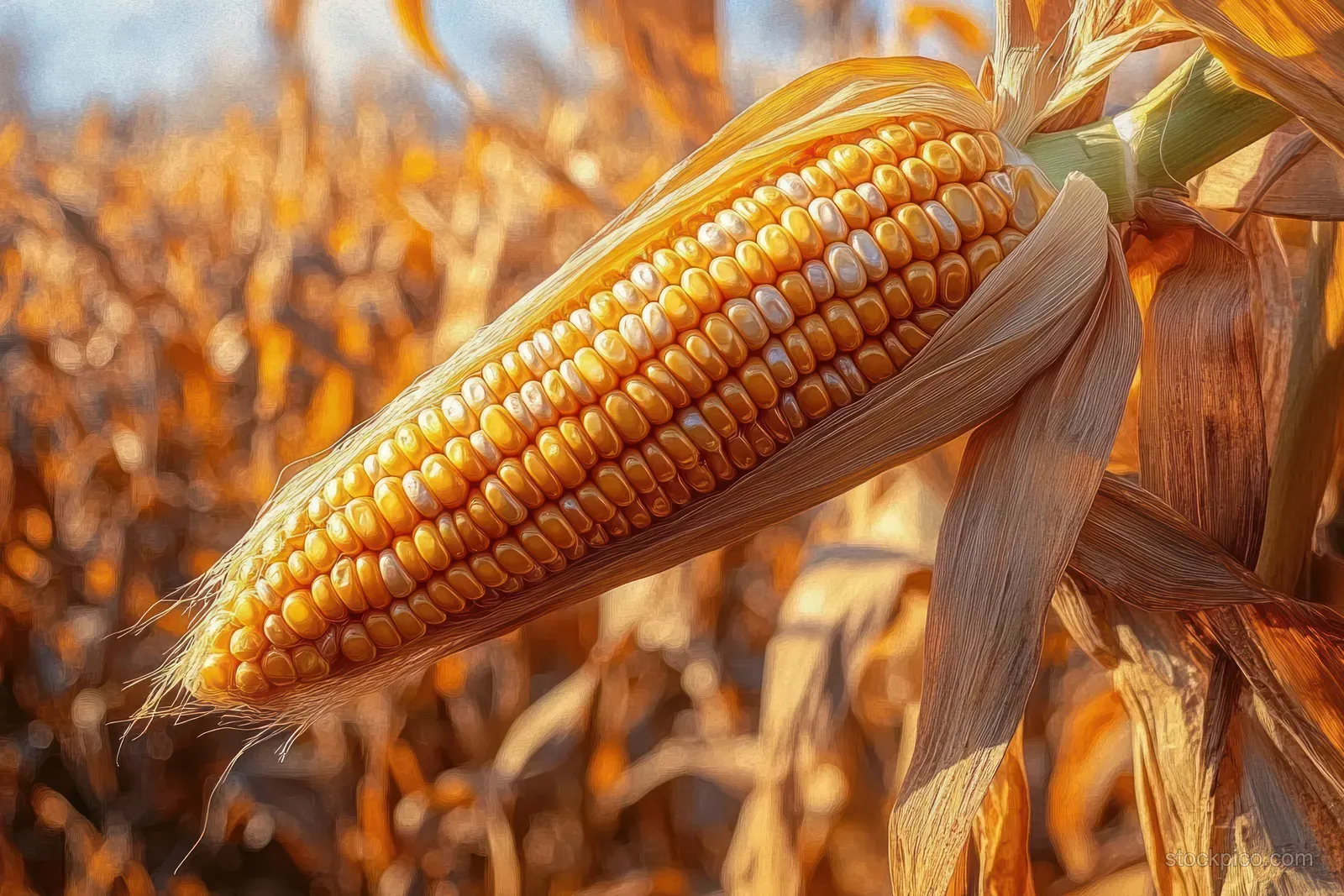 Ripe yellow corn cob with exposed silk on a stalk in a dry sunlit cornfield.