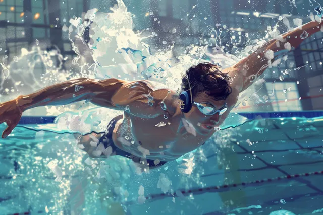 A swimmer dives into a pool, frozen mid-action with a large splash around the athlete.