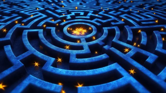 Futuristic EU labyrinth maze with glowing stars and central map-like emblem at night