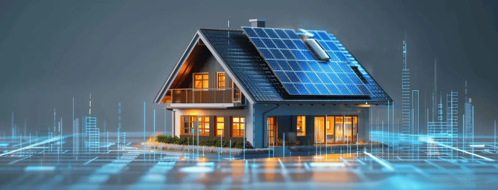 A home with rooftop solar panels and a glowing digital monitoring overlay showing energy data.