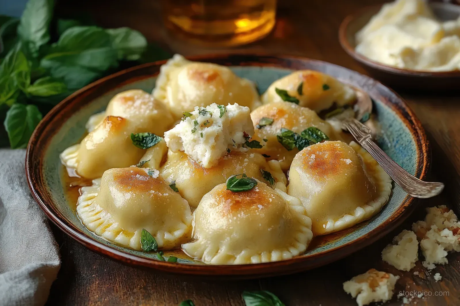 Golden brown ravioli on a rustic plate, topped with ricotta and fresh basil leaves on a wooden table.