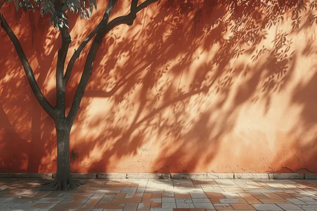 Terracotta wall with leaf shadows cast by a nearby tree over a tiled sidewalk in a quiet street view.