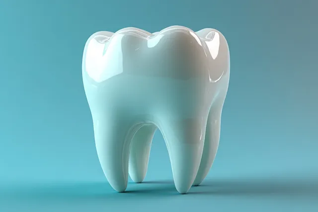 Fluoride coated tooth model with glowing enamel layer, clean clinic-style studio background