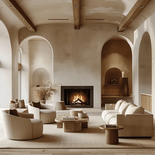 A Mediterranean living room with arched ceiling, fireplace, beige chairs, and a small coffee table in warm light.