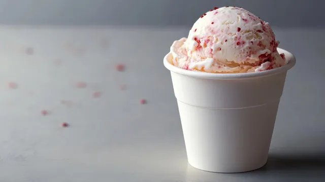 One scoop of creamy ice cream in a white paper cup with red fruit pieces and crumbs on a smooth surface.