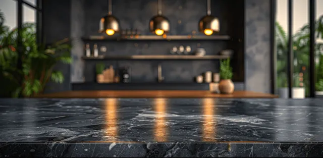 Dark marble kitchen island countertop with glowing pendant lights and blurred shelves in the background.