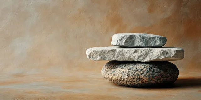 Balanced stack of gray stones in soft light on warm natural background