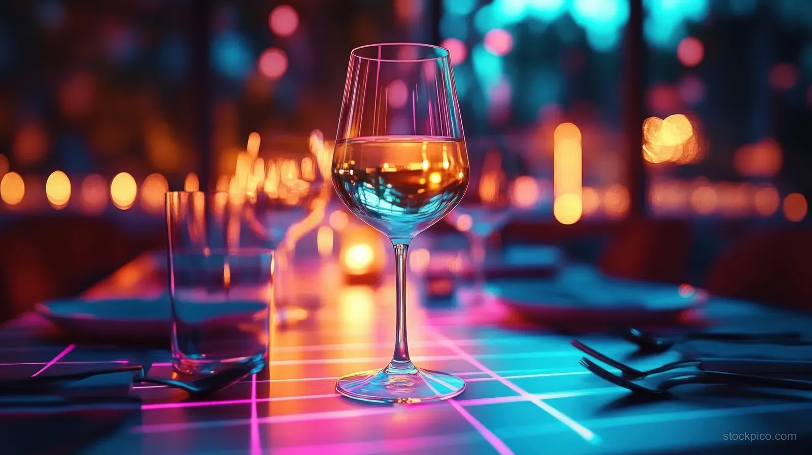 A wine glass with golden drink on a neon grid lit table with colorful bokeh lights behind it.