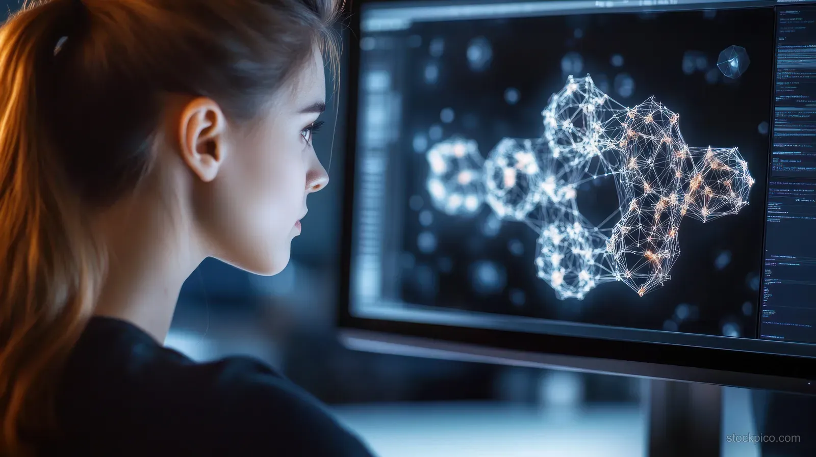 Young woman watching a computer display with glowing 3D molecular network graphics in a dim room.