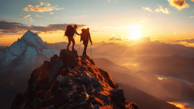 Two hikers on a rocky summit watch sunrise with golden sun rays spilling across mountain valleys.