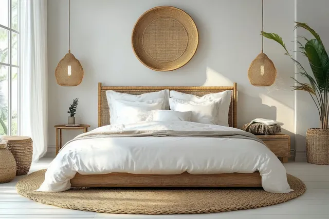 Minimalist bedroom with a rattan bed, white linens, woven decor, plants, and warm natural light by tall windows.