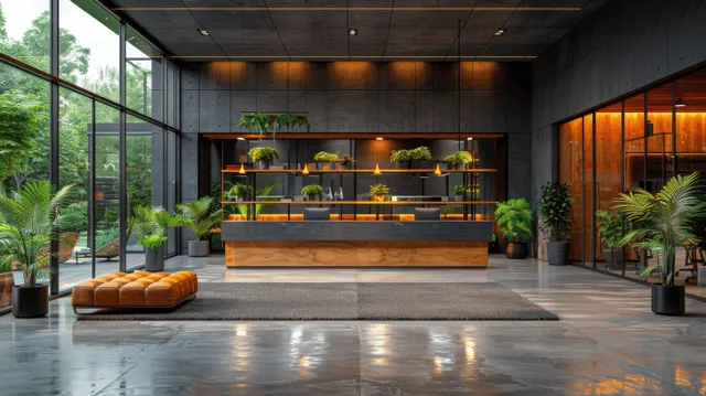 Modern office reception area with glass windows, metal ceiling lighting, wooden desk, leather seating, and potted plants.