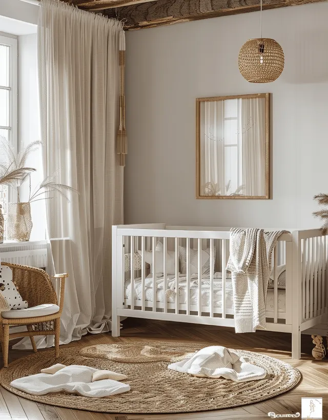 Cozy boho nursery interior with a white crib, round rug, sheer curtains, and warm sunlight from a wooden-framed window.