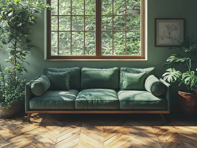 Green sofa in a bright minimalist living room with potted plants and sunlight through a window.