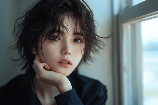 Japanese male idol with short hair in a black shirt, resting his chin near a bright window with natural makeup.