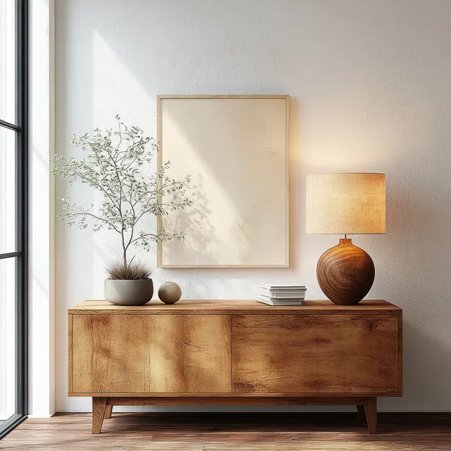 Minimalist wooden sideboard with a warm table lamp and small plant beside a large window with soft light.