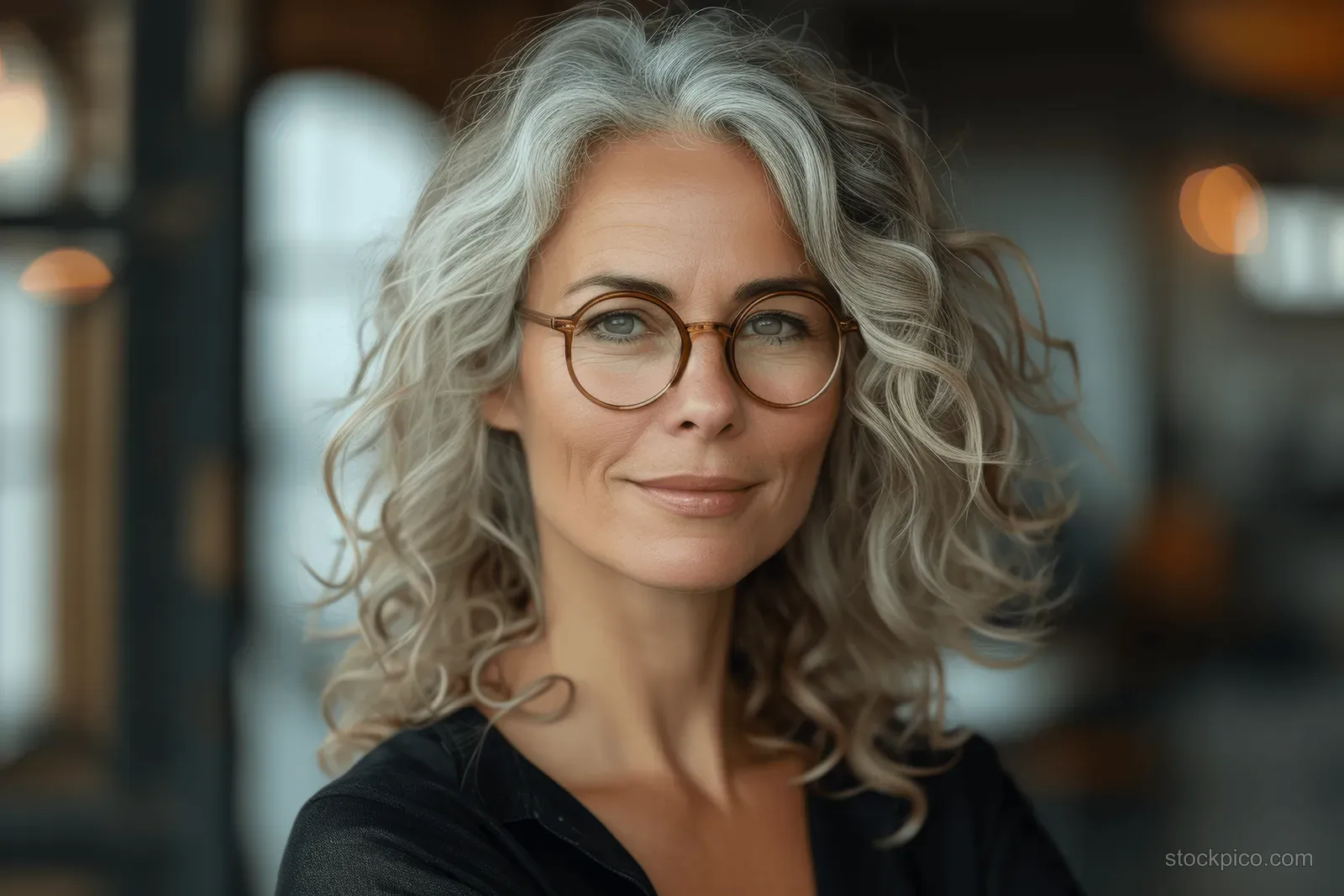 A senior businesswoman with curly grey hair stands in an office with arms crossed, facing the camera.