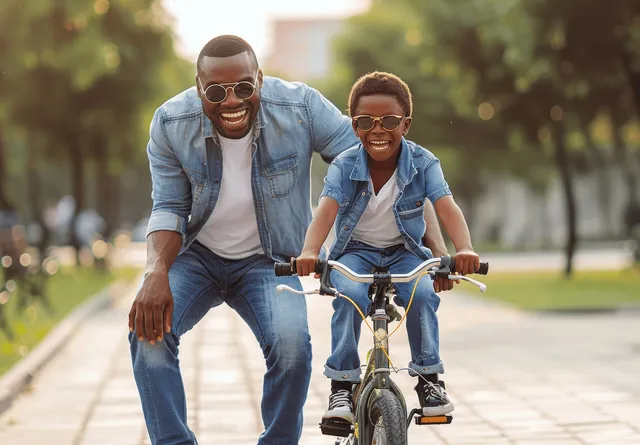 Father holds his son’s bicycle handlebars while the child rides in a sunny park path.