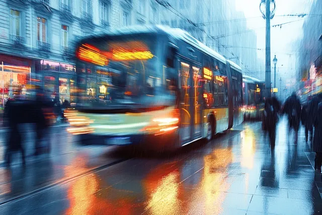Blurred city bus speeds through a rainy street as pedestrians walk, with light reflections on wet pavement.