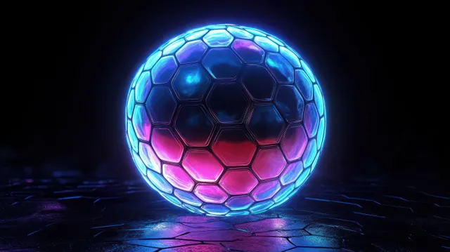 Glowing hexagonal orb shield floating on dark tech grid with neon blue purple edges