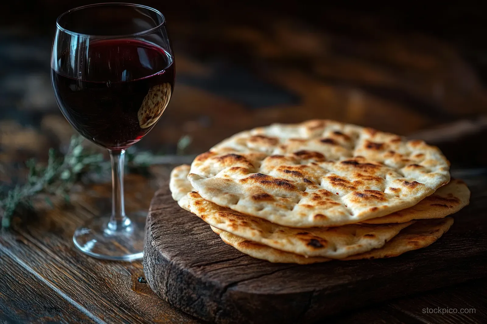 Grilled flatbread stack on a wooden slab beside a glass of red wine on a rustic table.