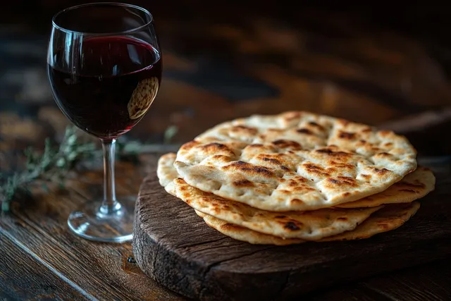 Stack of grilled flatbreads on wooden slab beside a glass of red wine