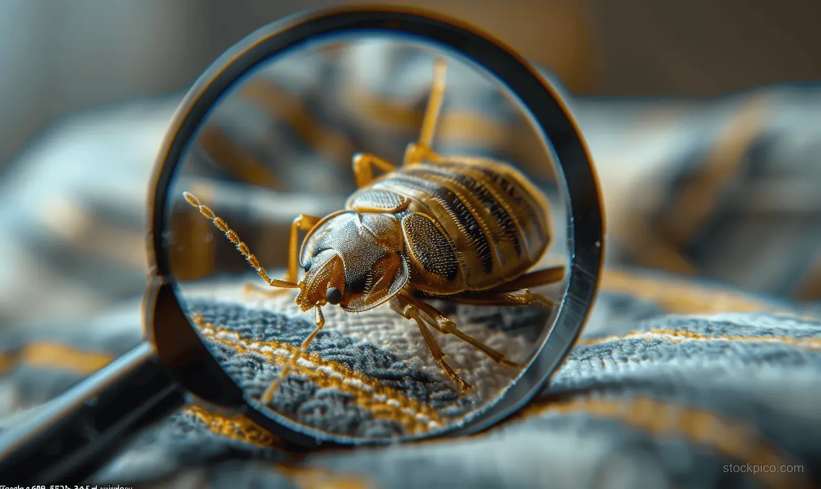 Magnifying glass shows a bed bug on wrinkled bedding with detailed textured body segments.