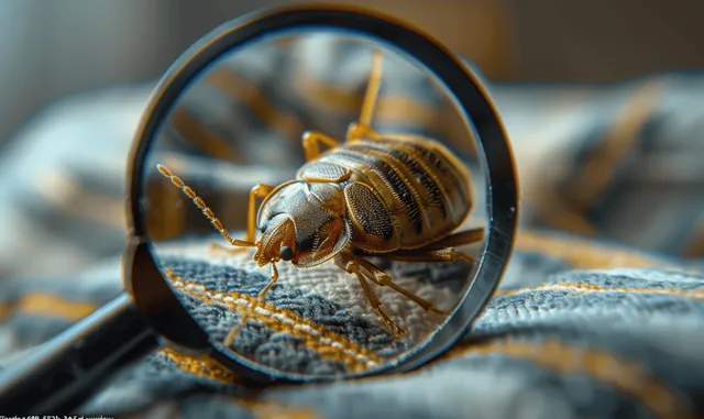 Magnifying glass shows a bed bug on wrinkled bedding with detailed textured body segments.