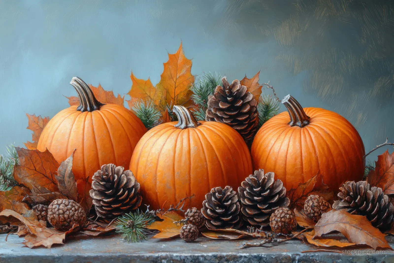 Three orange pumpkins on a stone surface surrounded by pine cones and scattered autumn leaves.